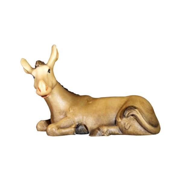 Esel aus der Krippenfigurenserie "Dolomiten Krippe". Entworfen vom Grödnertaler Holzschnitzer Christoph Ribesser. Aus Eschenholz geschnitzt und handbemalt
