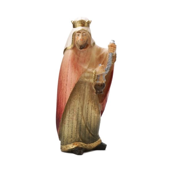König stehend aus der Krippenfigurenserie "La Stua Krippe". Aus Eschenholz geschnitzt und mit Wasserfarben handbemalt