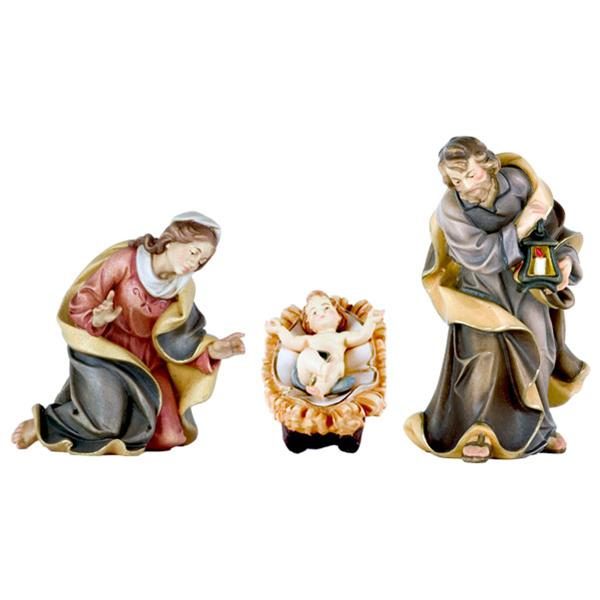 Heilige Familie aus der Krippenfigurenserie "Costa Krippe". Entworfen vom Holzschnitzer Herbert Costa. Aus Ahornholz geschnitzt und handbemalt